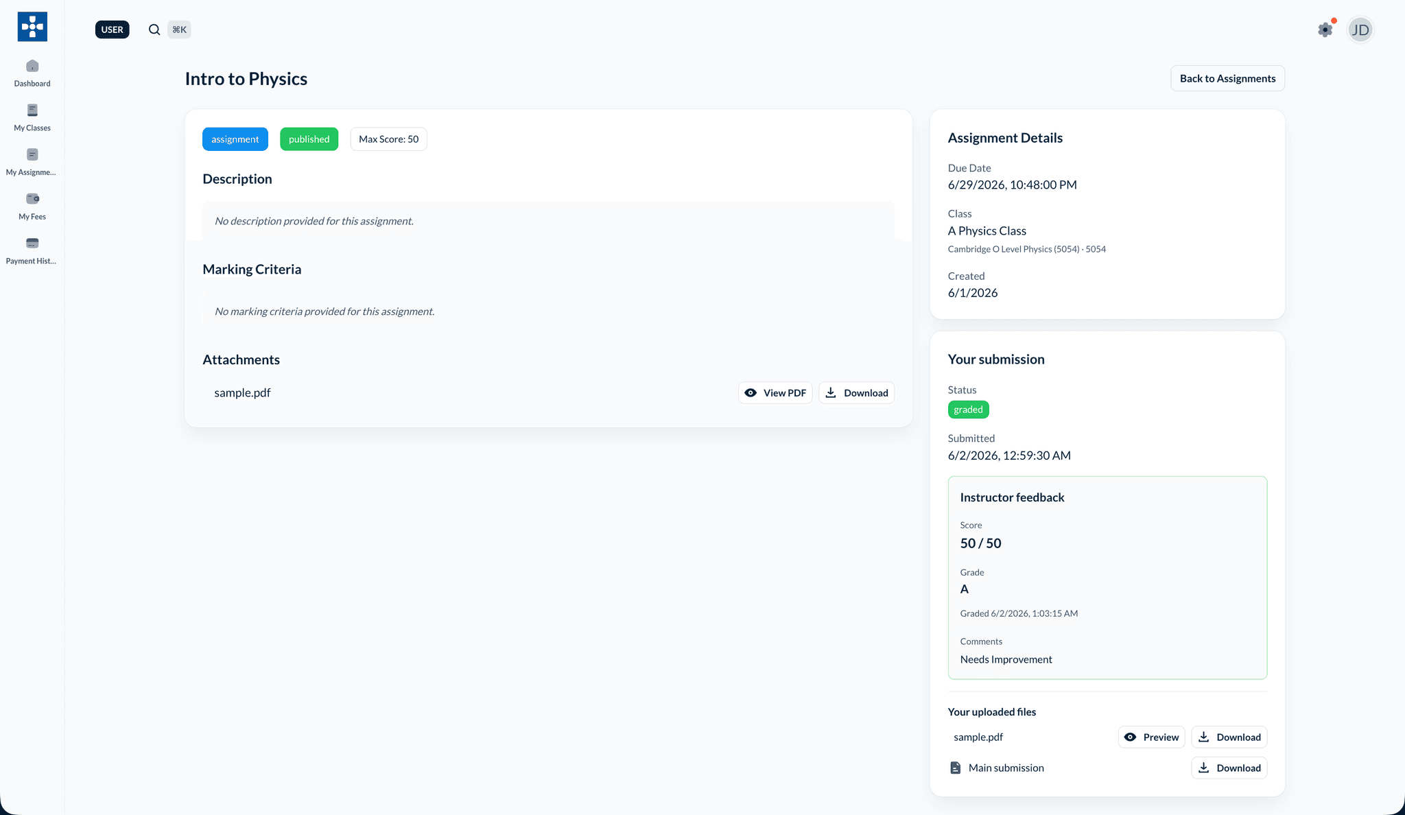 Assignment details page