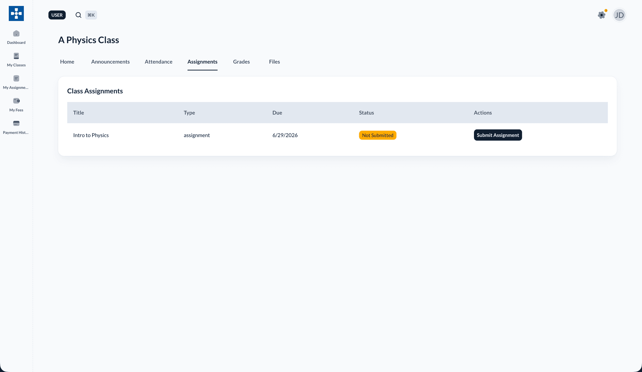 Class Assignments tab