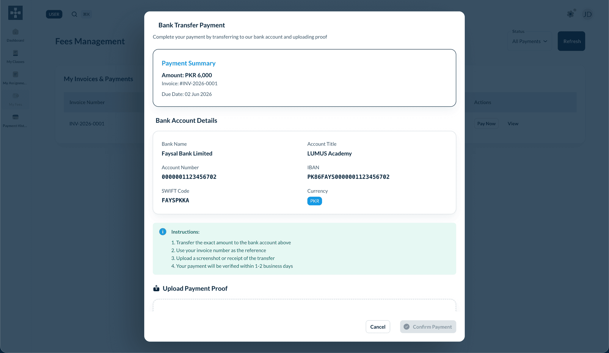 Bank transfer details